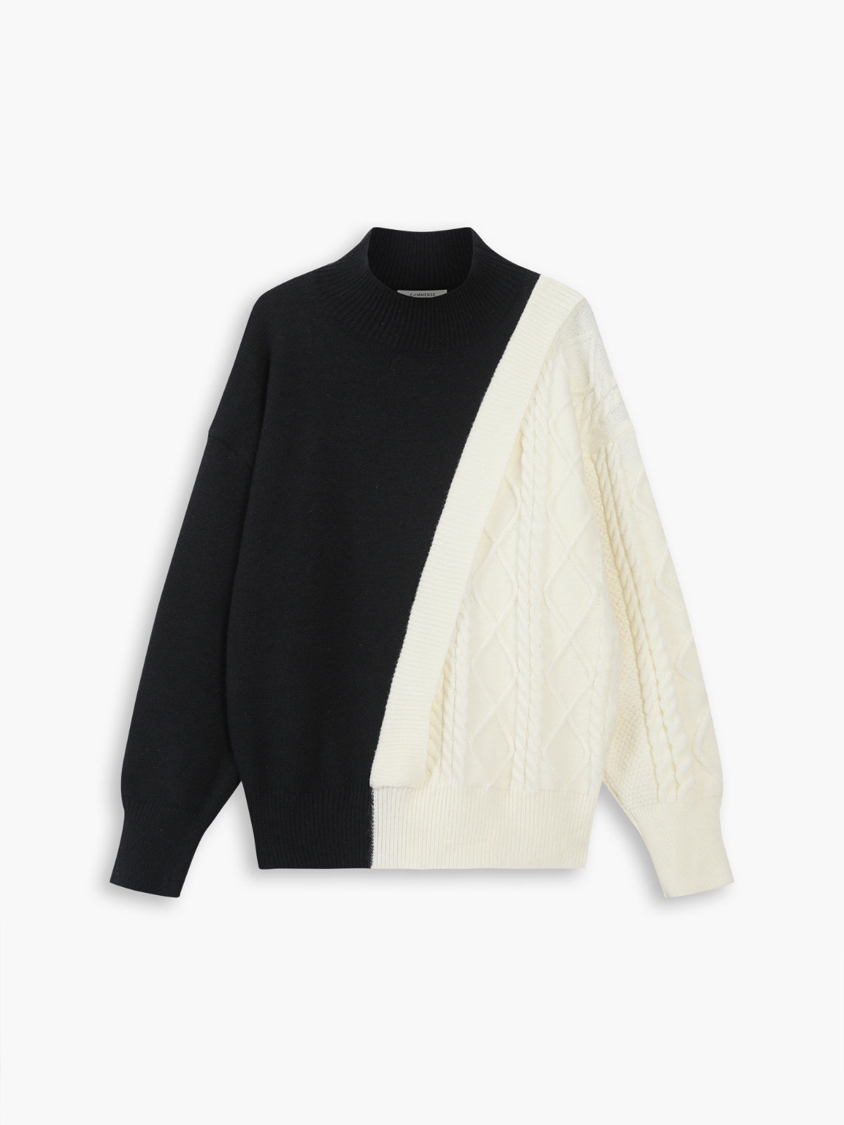 Asymmetric Two Tone Cable Knit Mock Neck Sweater