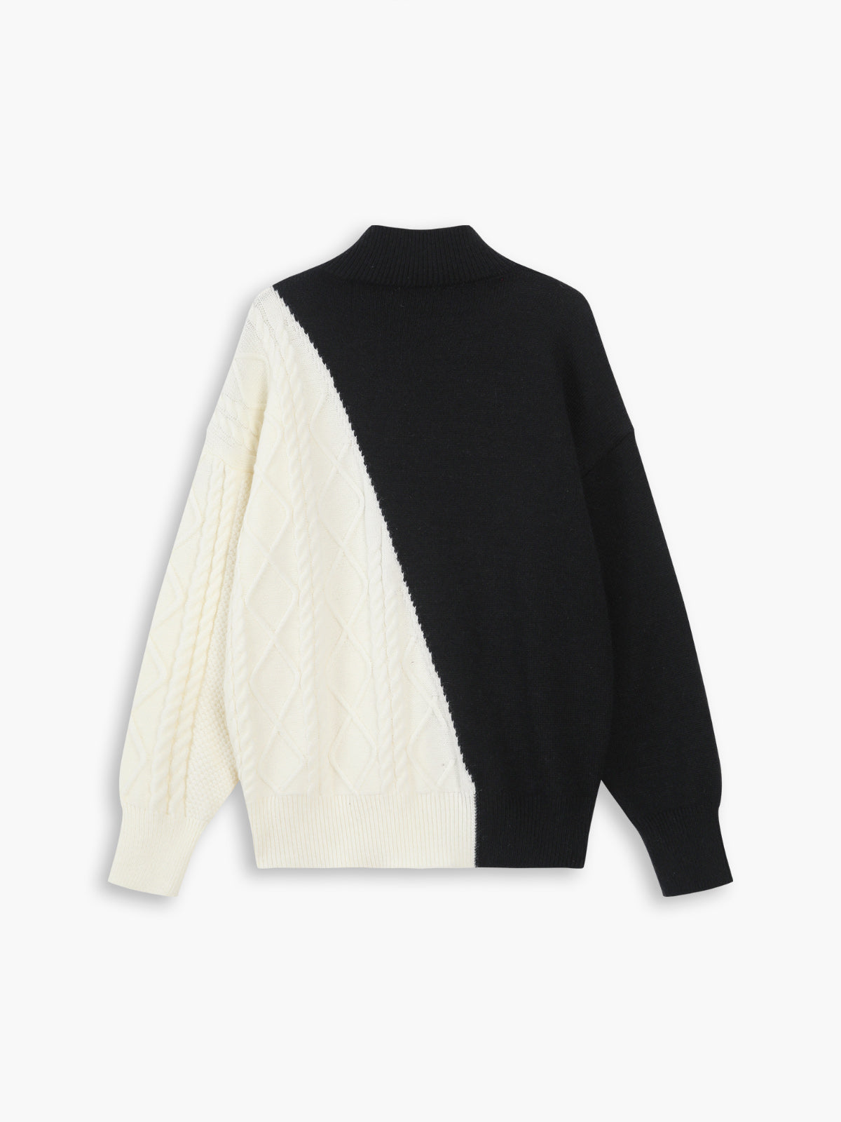 Asymmetric Two Tone Cable Knit Mock Neck Sweater