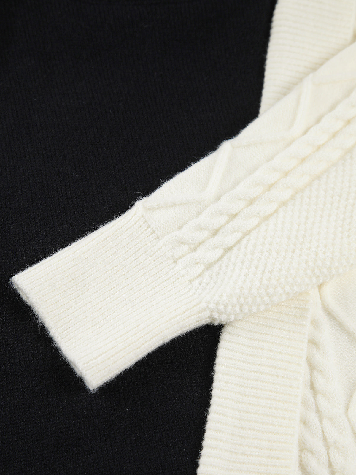 Asymmetric Two Tone Cable Knit Mock Neck Sweater