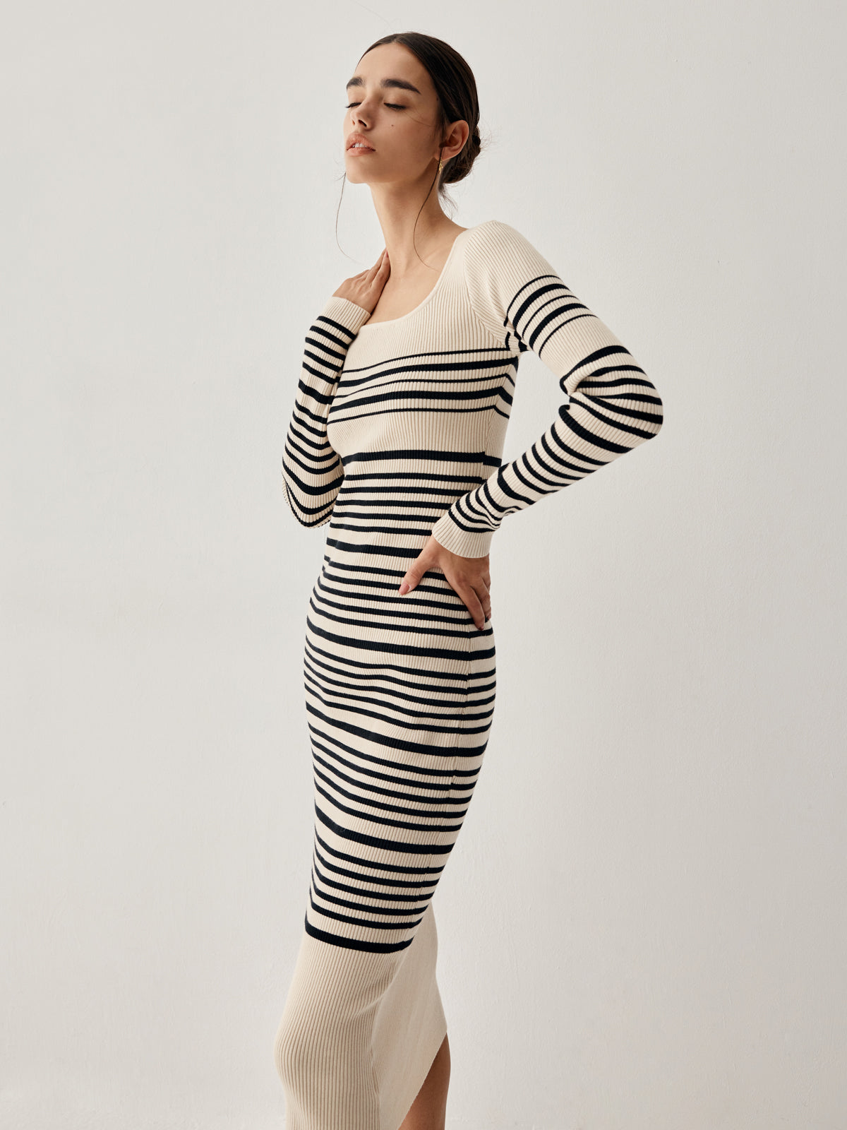 Stripe Long Sleeve Midi Sweater Dress