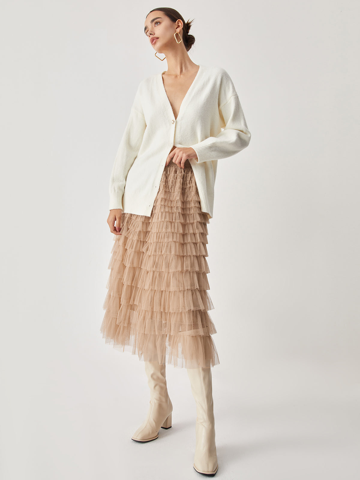 High Waist Tiered Mesh Midi Skirt