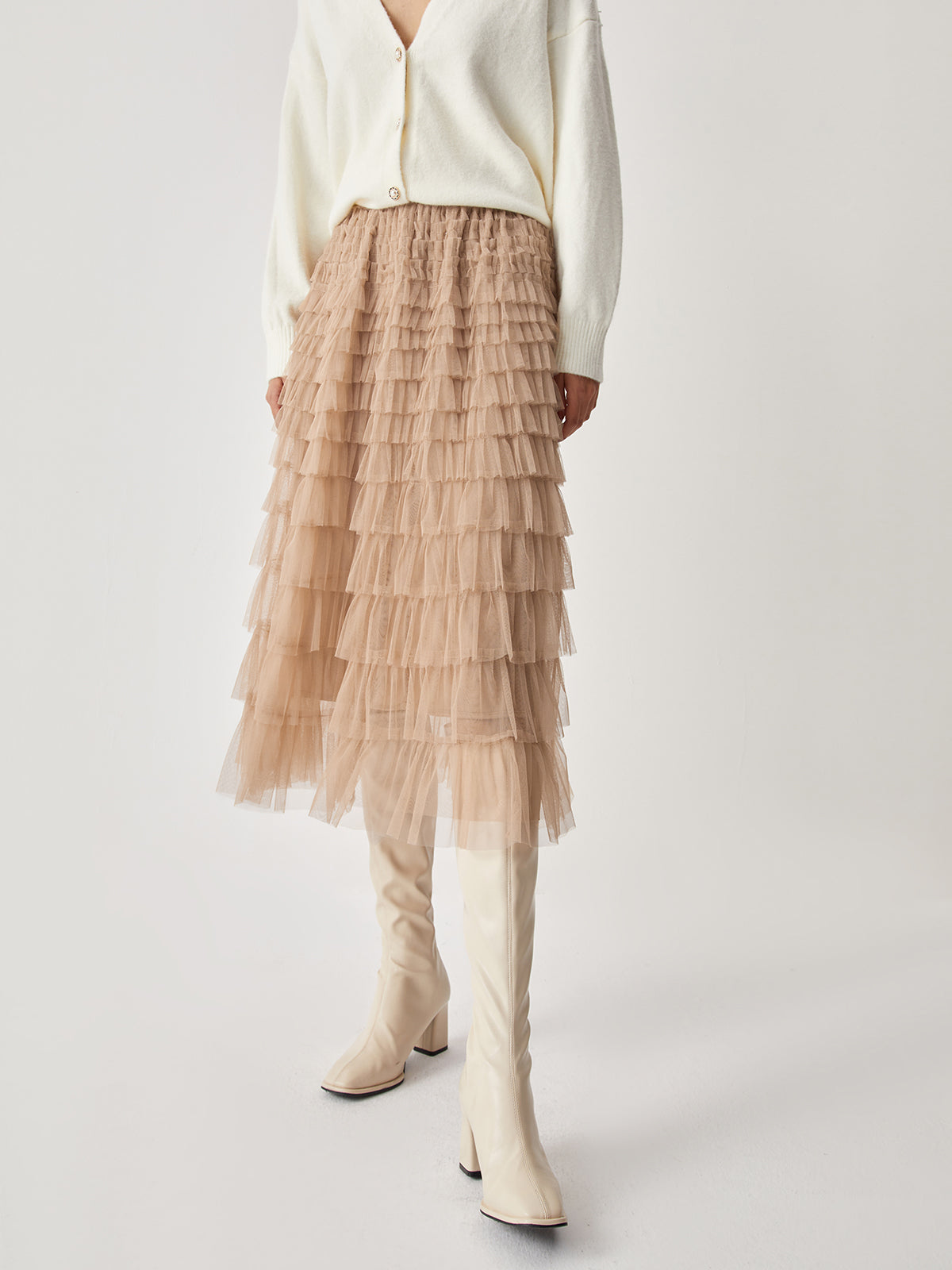 High Waist Tiered Mesh Midi Skirt