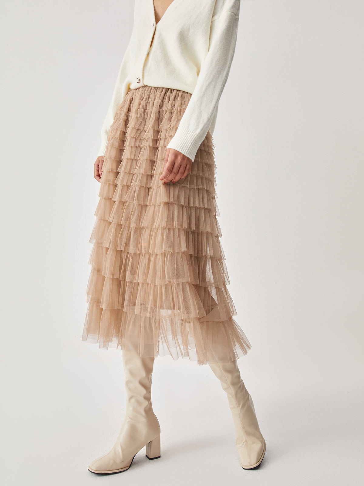 High Waist Tiered Mesh Midi Skirt