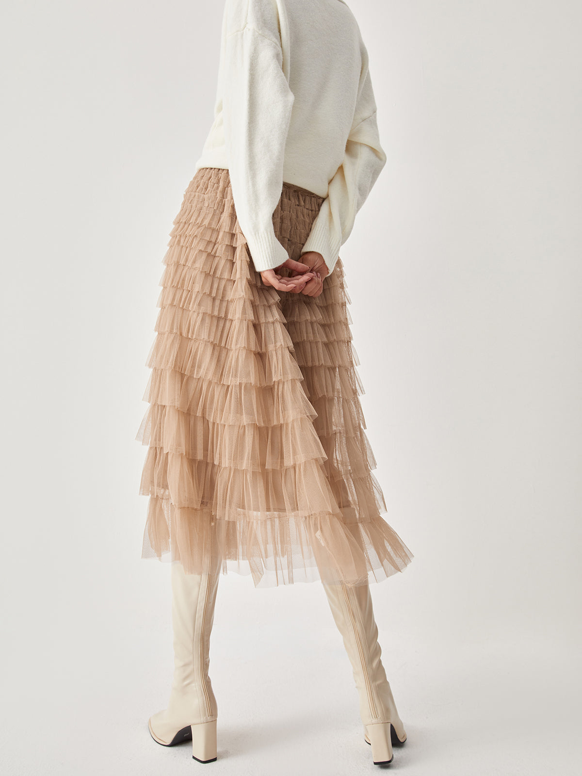 High Waist Tiered Mesh Midi Skirt