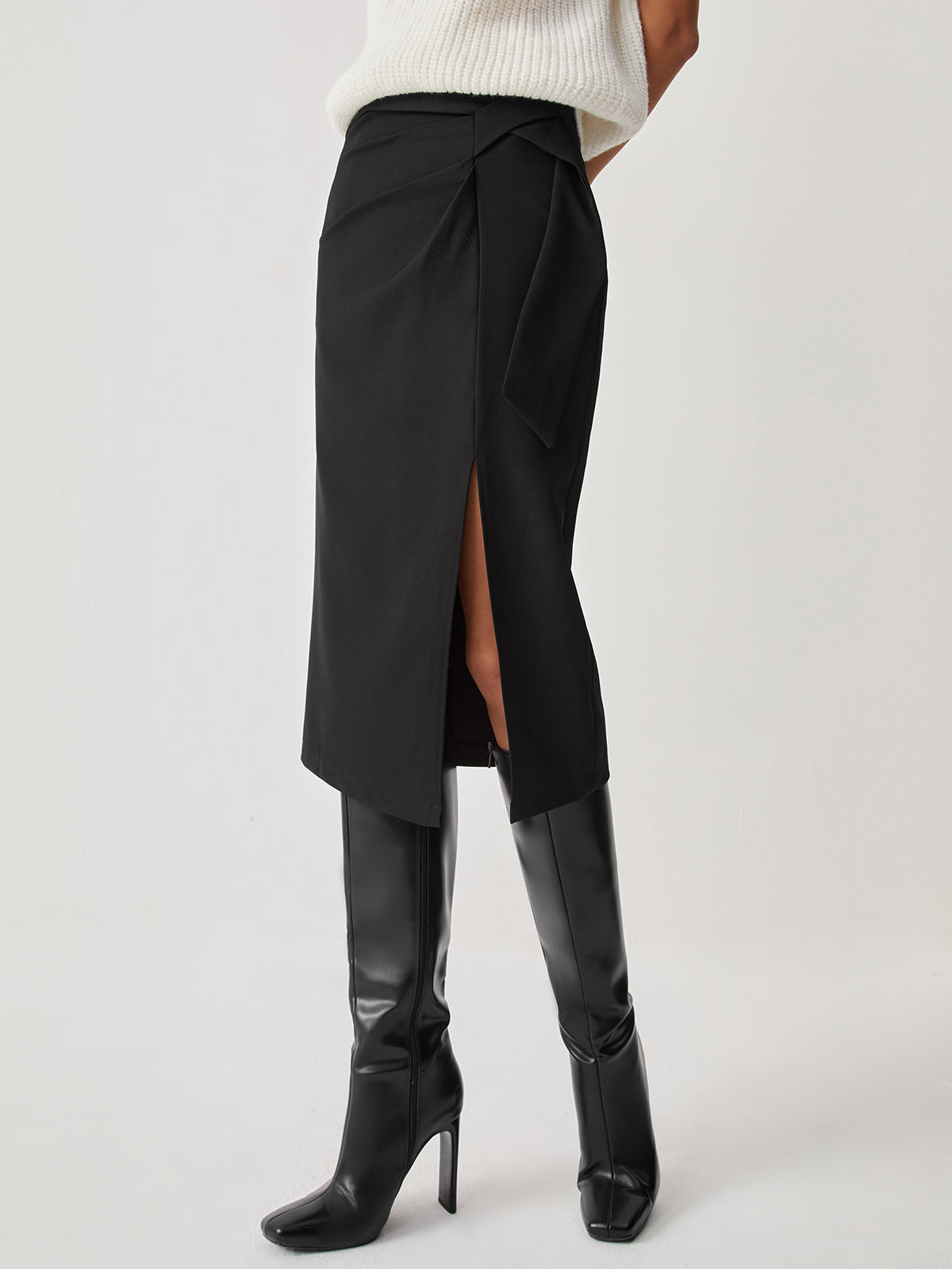 High Waist Slit Ruched Midi Skirt
