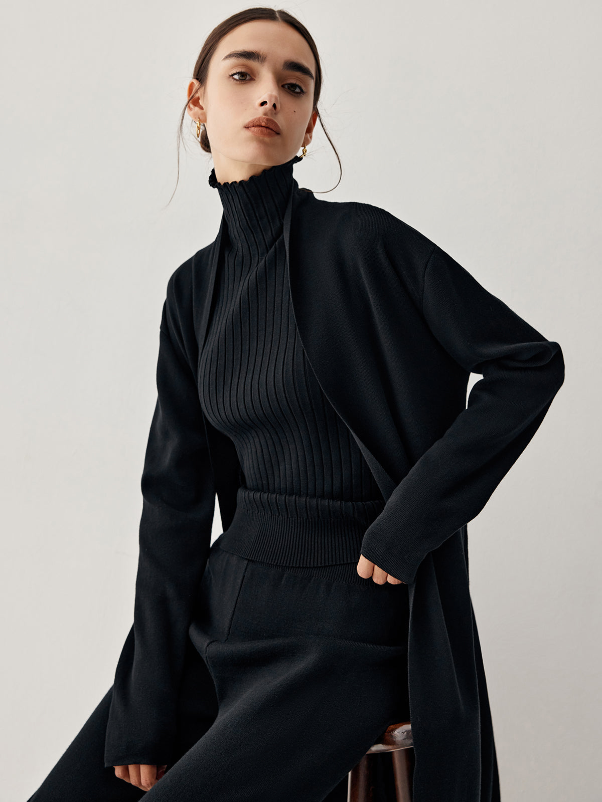 Turtleneck Rib Vest With Matching Longline Cardigan And Pants