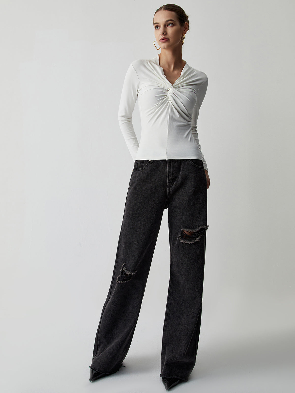 Distressed Detail Black Denim Wide Leg Jeans