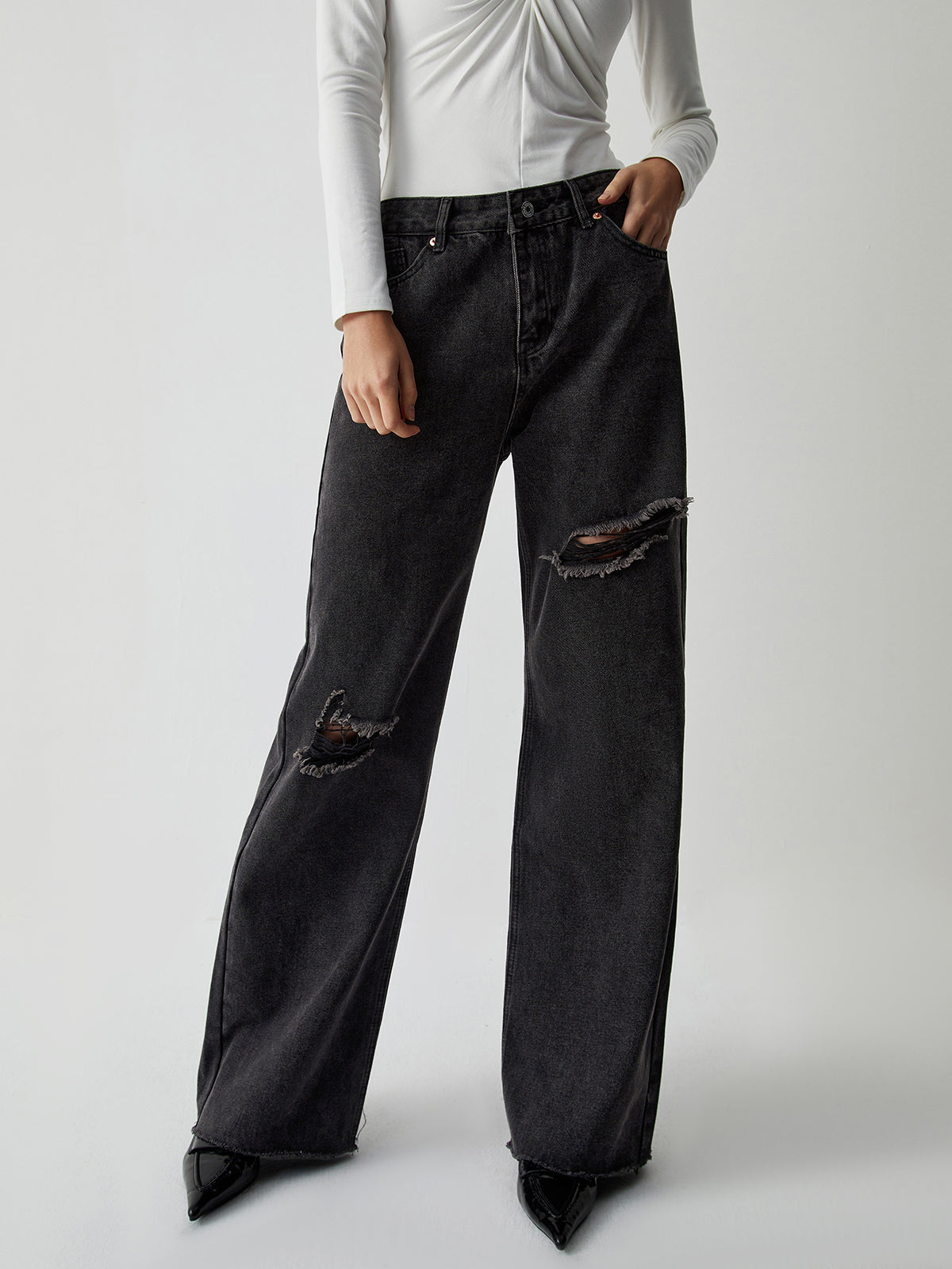Distressed Detail Black Denim Wide Leg Jeans
