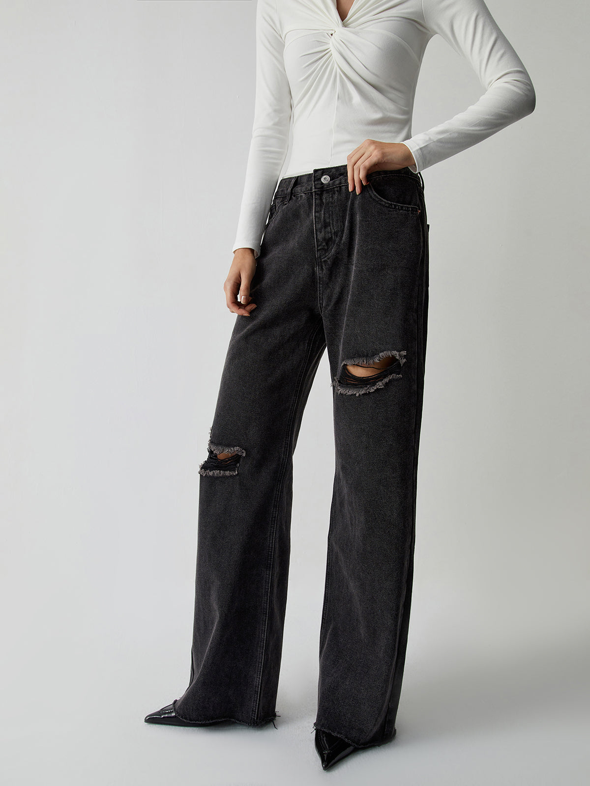 Distressed Detail Black Denim Wide Leg Jeans