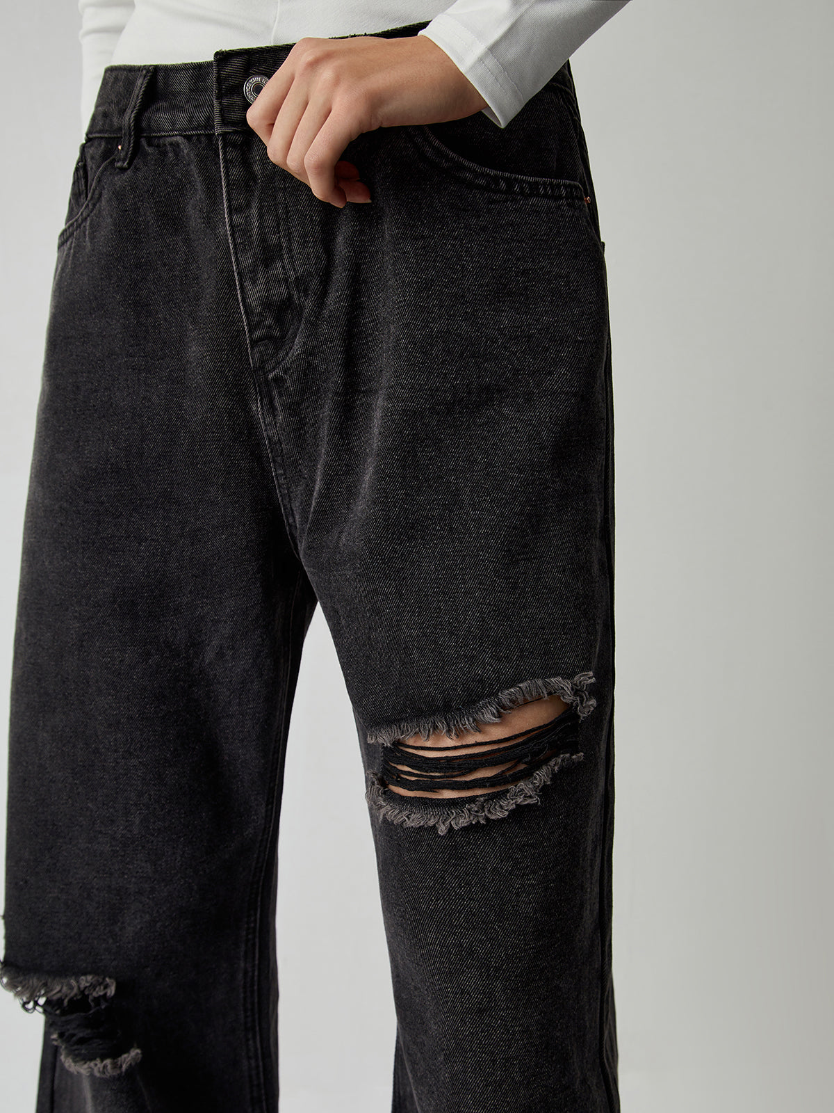 Distressed Detail Black Denim Wide Leg Jeans