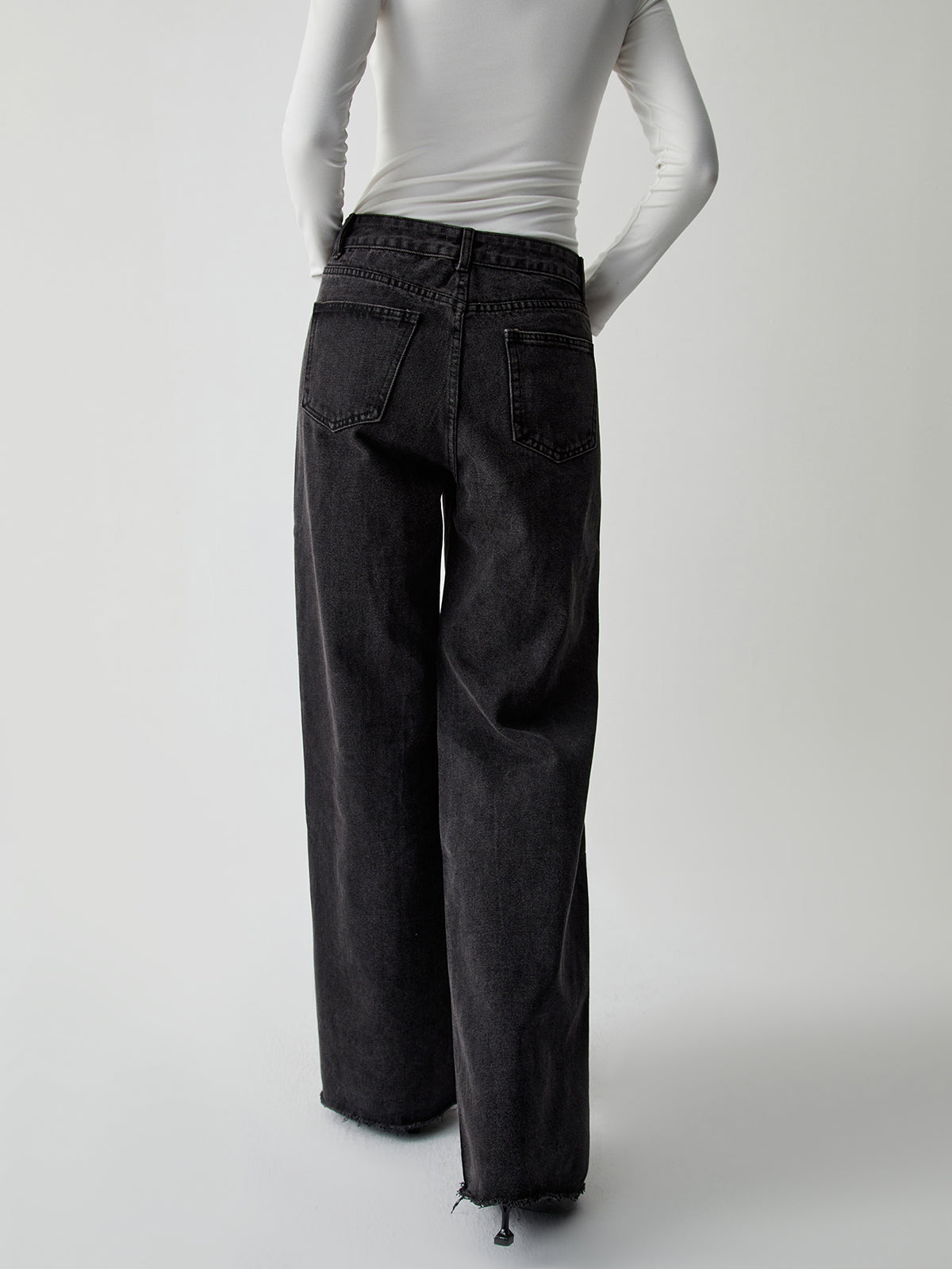 Distressed Detail Black Denim Wide Leg Jeans