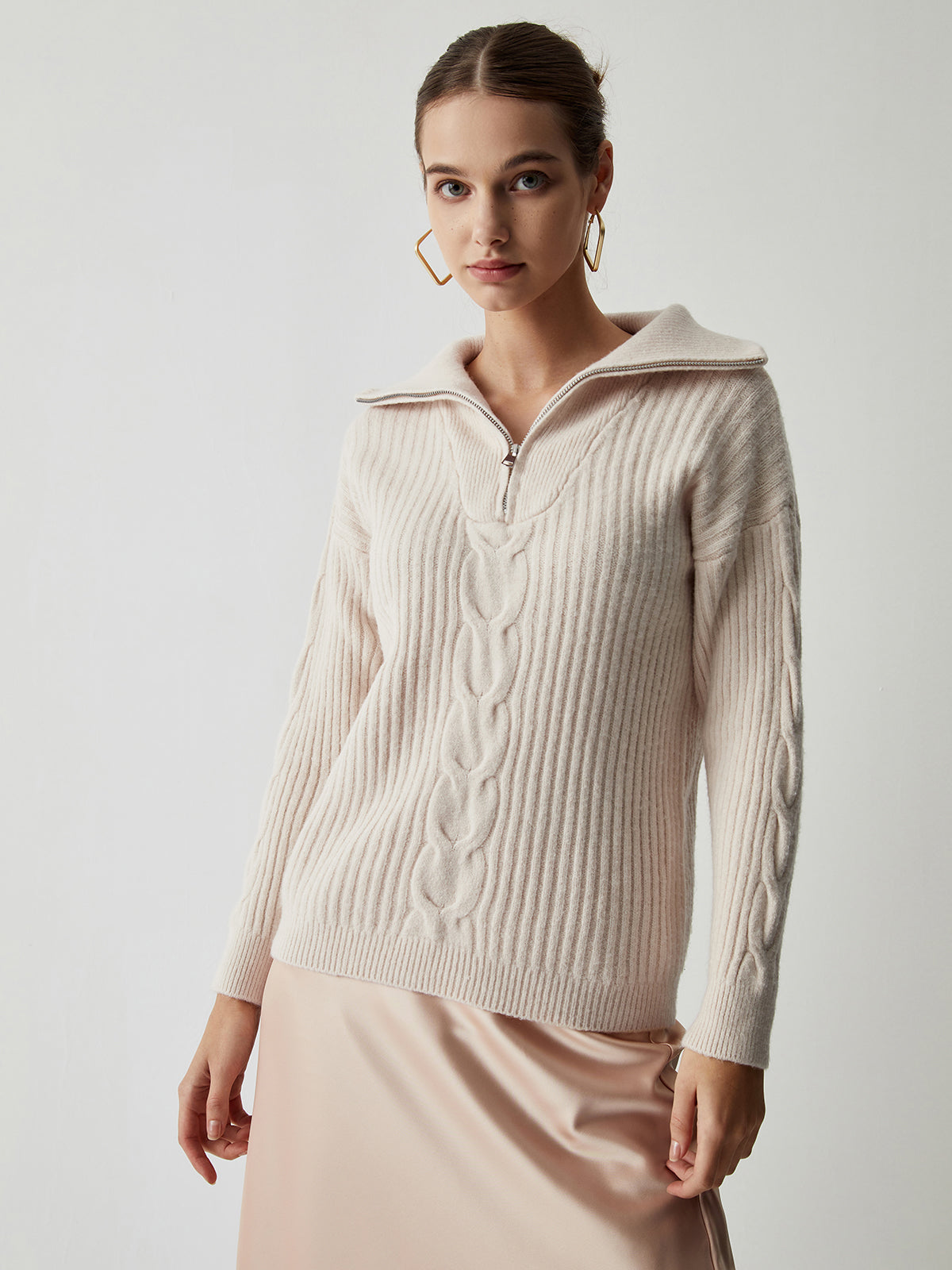 Cable Knit Open Collar Half Zip Sweater