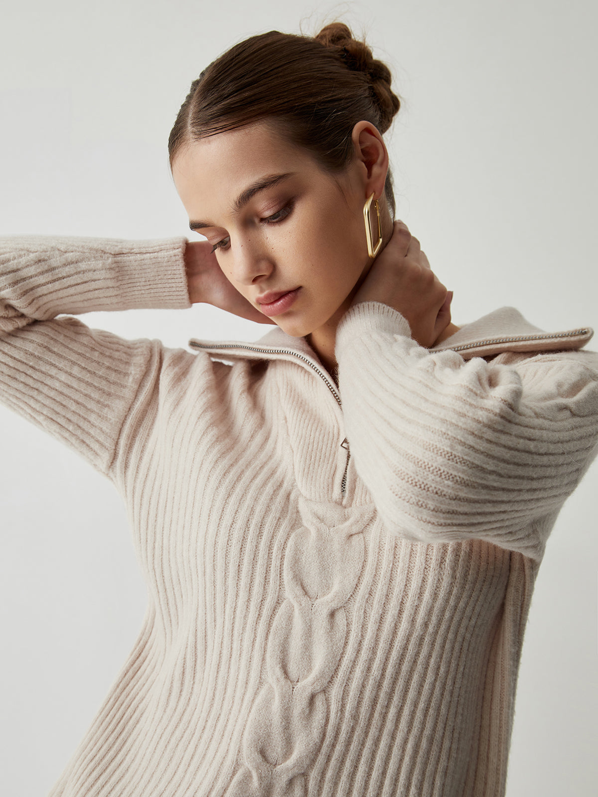 Cable Knit Open Collar Half Zip Sweater