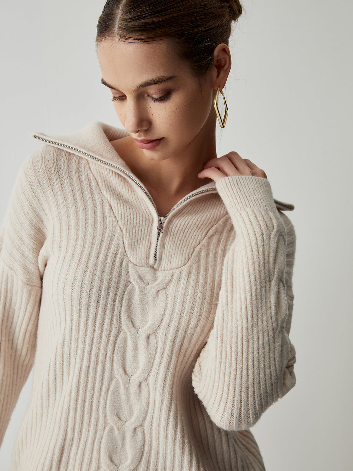 Cable Knit Open Collar Half Zip Sweater