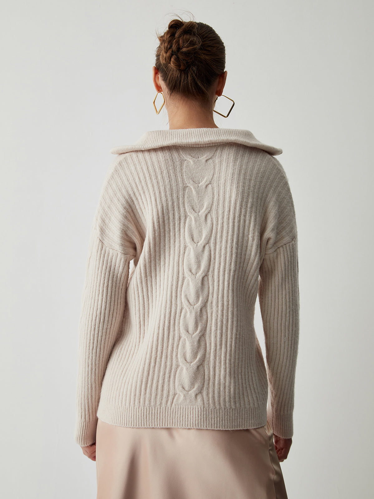 Cable Knit Open Collar Half Zip Sweater
