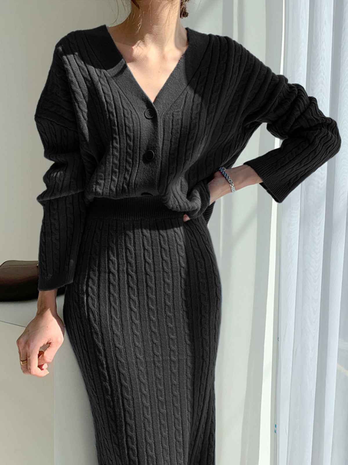 Cable Knit Two Piece Sweater Skirt Set