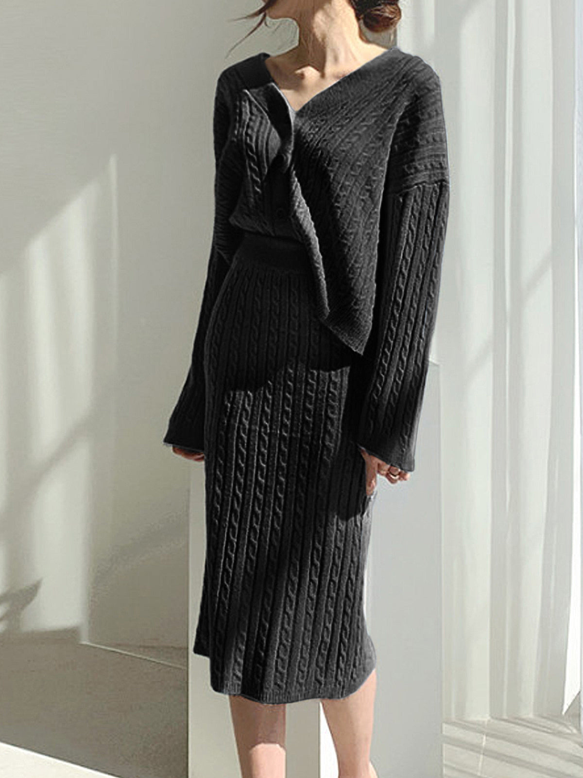Cable Knit Two Piece Sweater Skirt Set