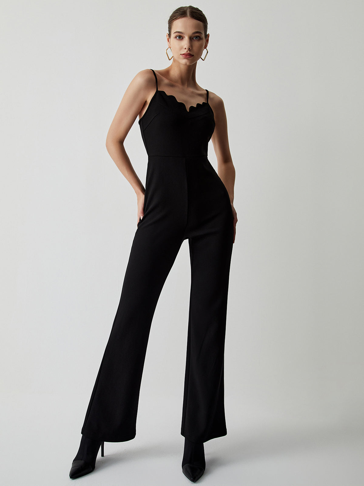 Wave Trim Adjustabe Strap Zip Up Jumpsuit