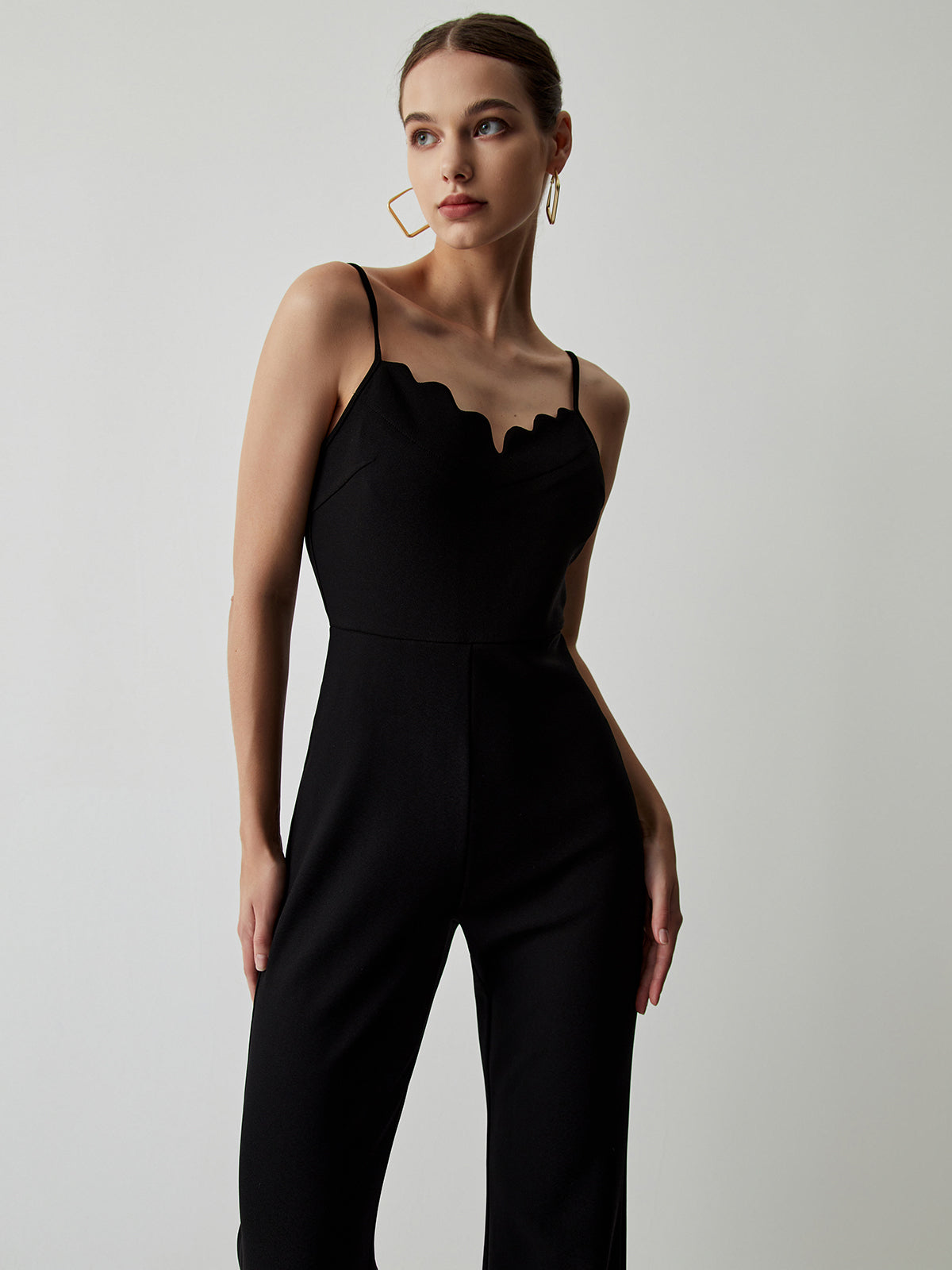Wave Trim Adjustabe Strap Zip Up Jumpsuit