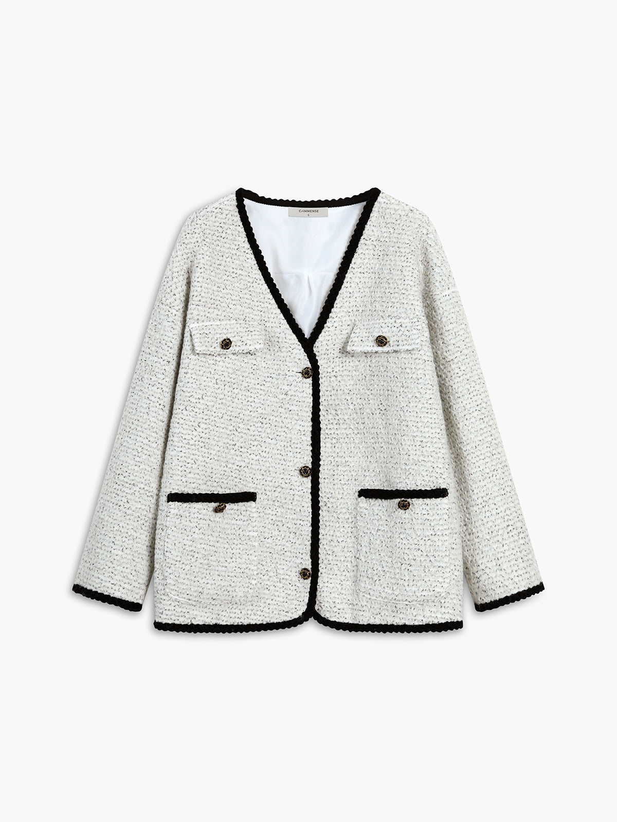 Contrast Trim Mixed Tweed Double Pockets Blazer