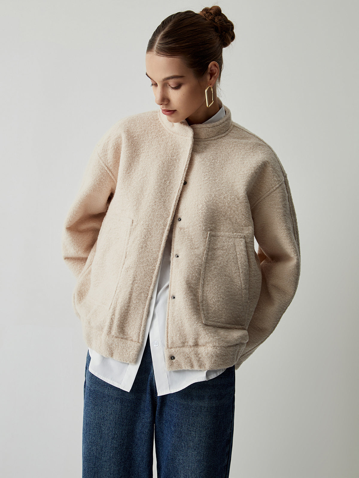 Button Down Double Pockets Bomber Jacket