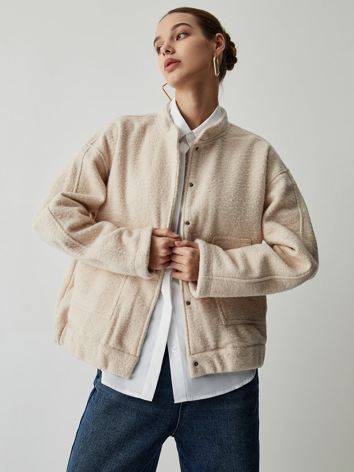 Button Down Double Pockets Bomber Jacket