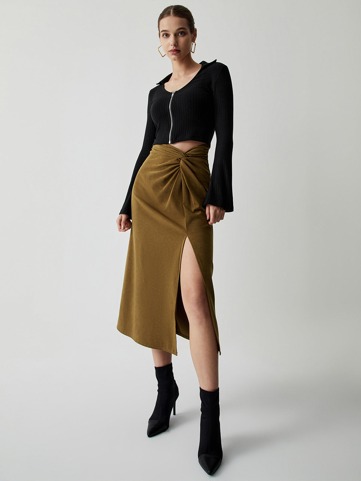 Knotted Slit Midi Skirt