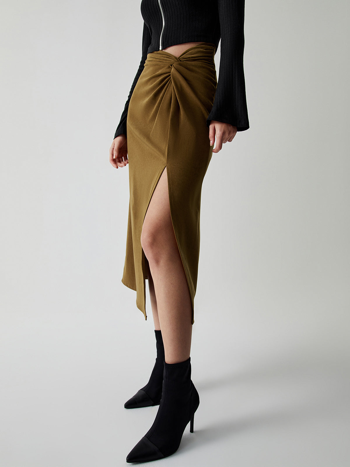 Knotted Slit Midi Skirt