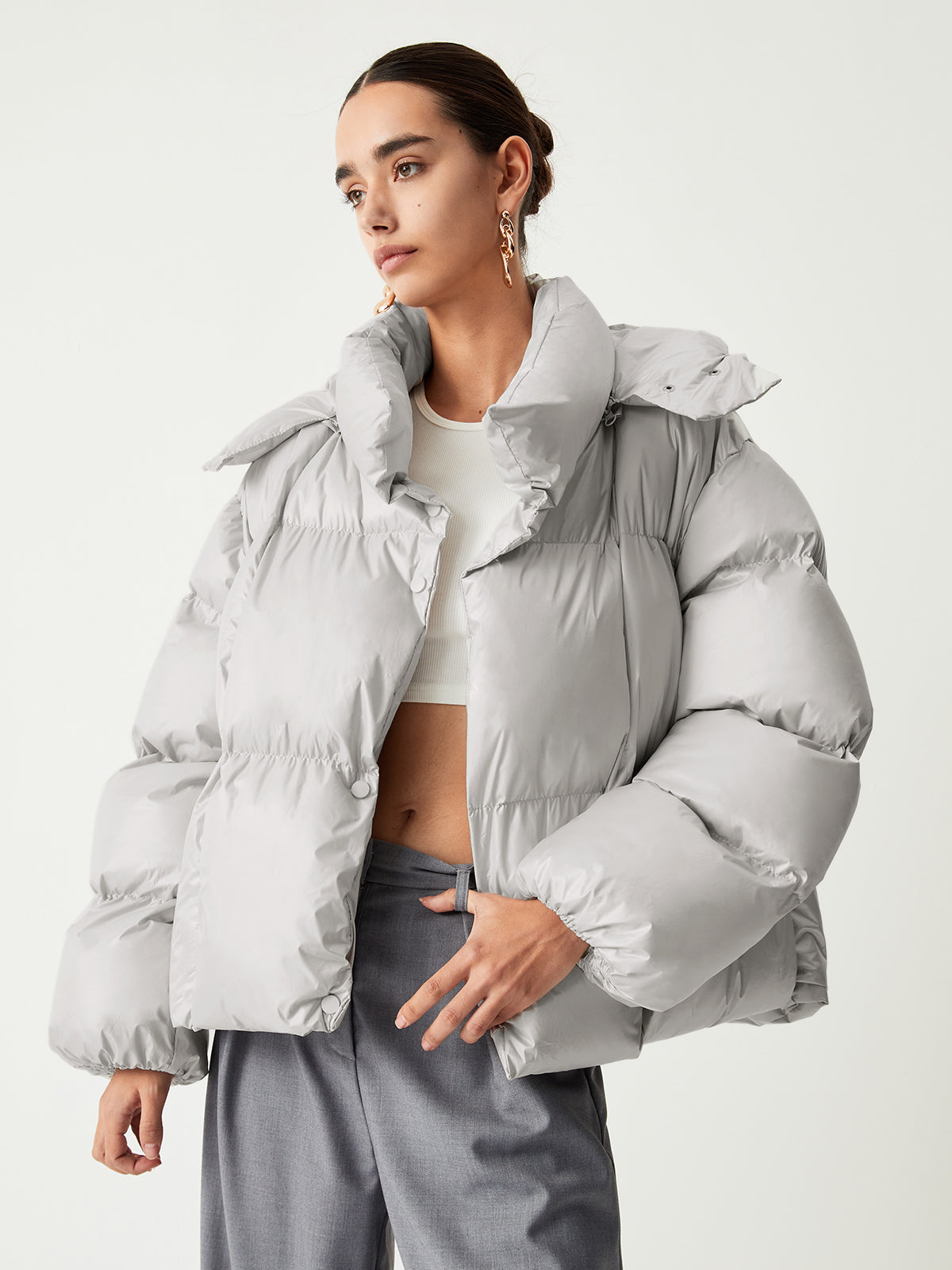 Open Collar Quilted Hooded Puffer Coat