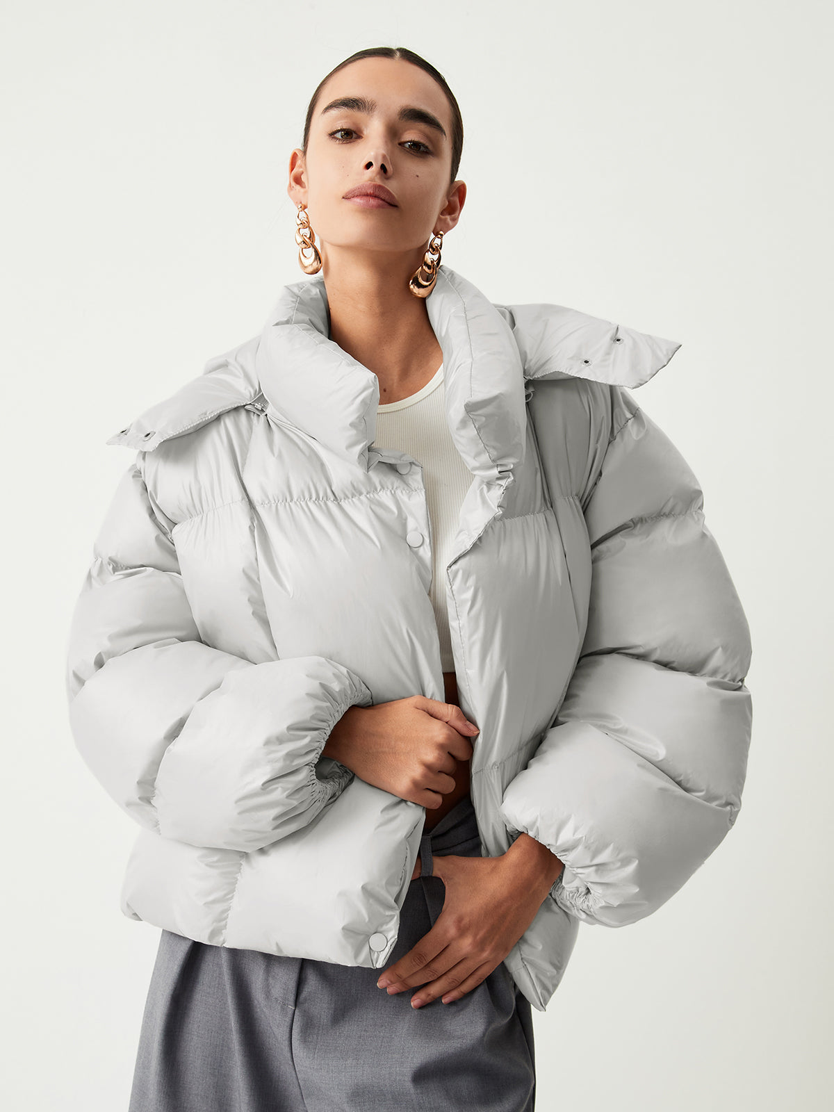 Open Collar Quilted Hooded Puffer Coat