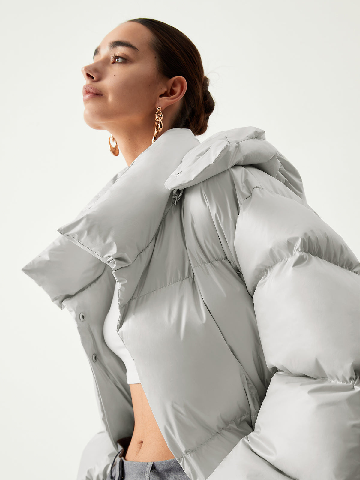 Open Collar Quilted Hooded Puffer Coat