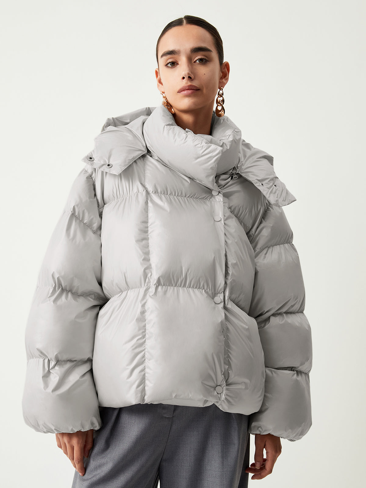 Open Collar Quilted Hooded Puffer Coat