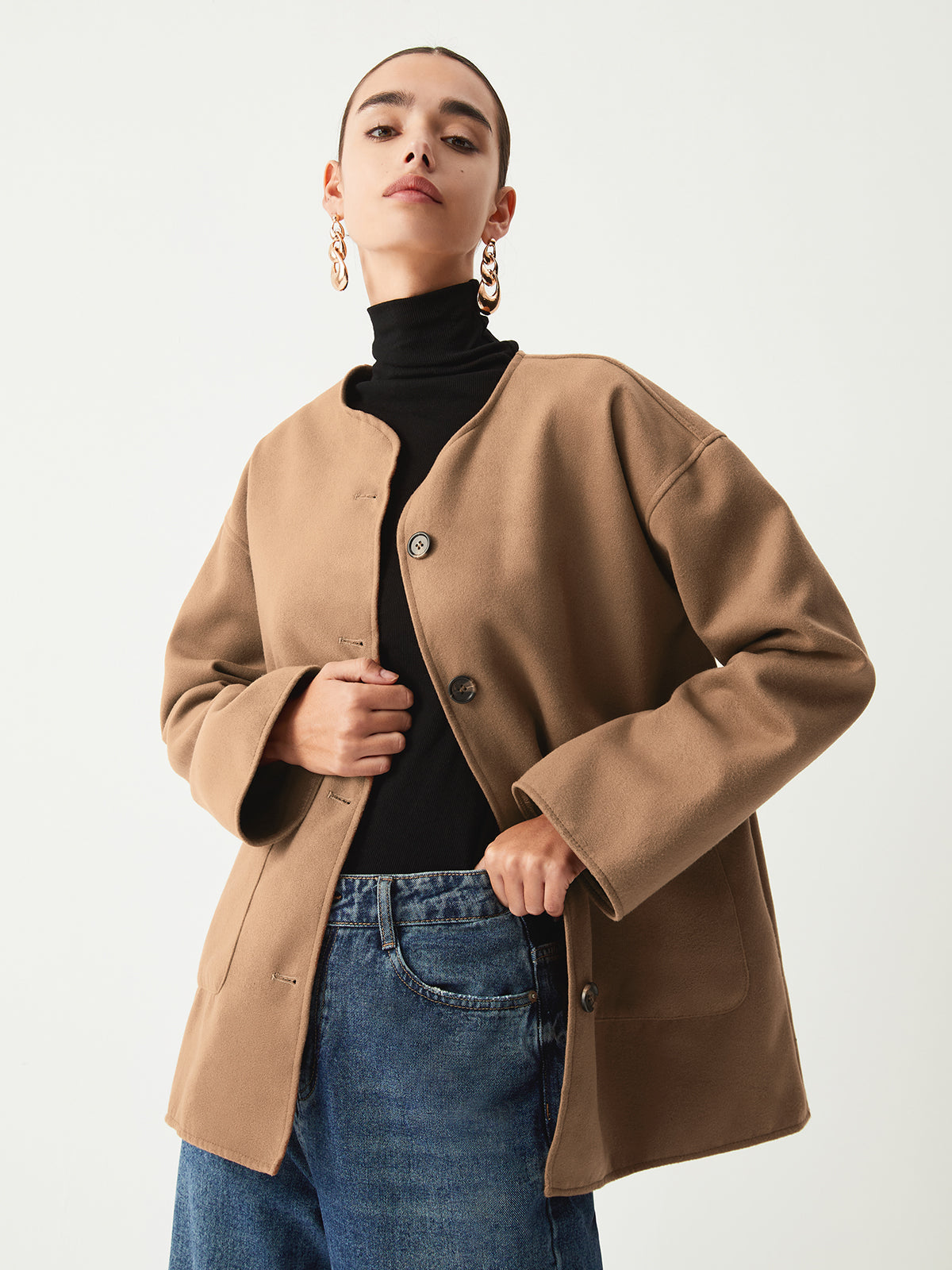 Double Pockets Cotton Blend Jacket With Matching Scarf