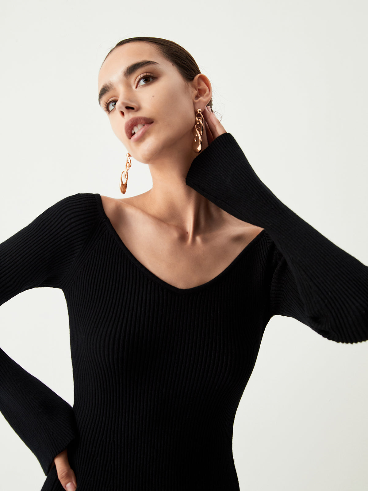 V-Neck Long Sleeve Short Sweater Dress