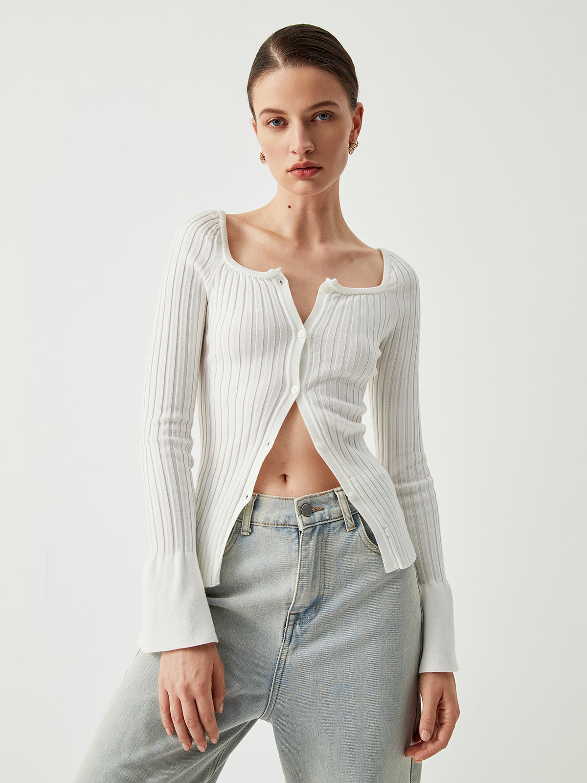 Square Neck Ribbed Knit Button-down Sweater