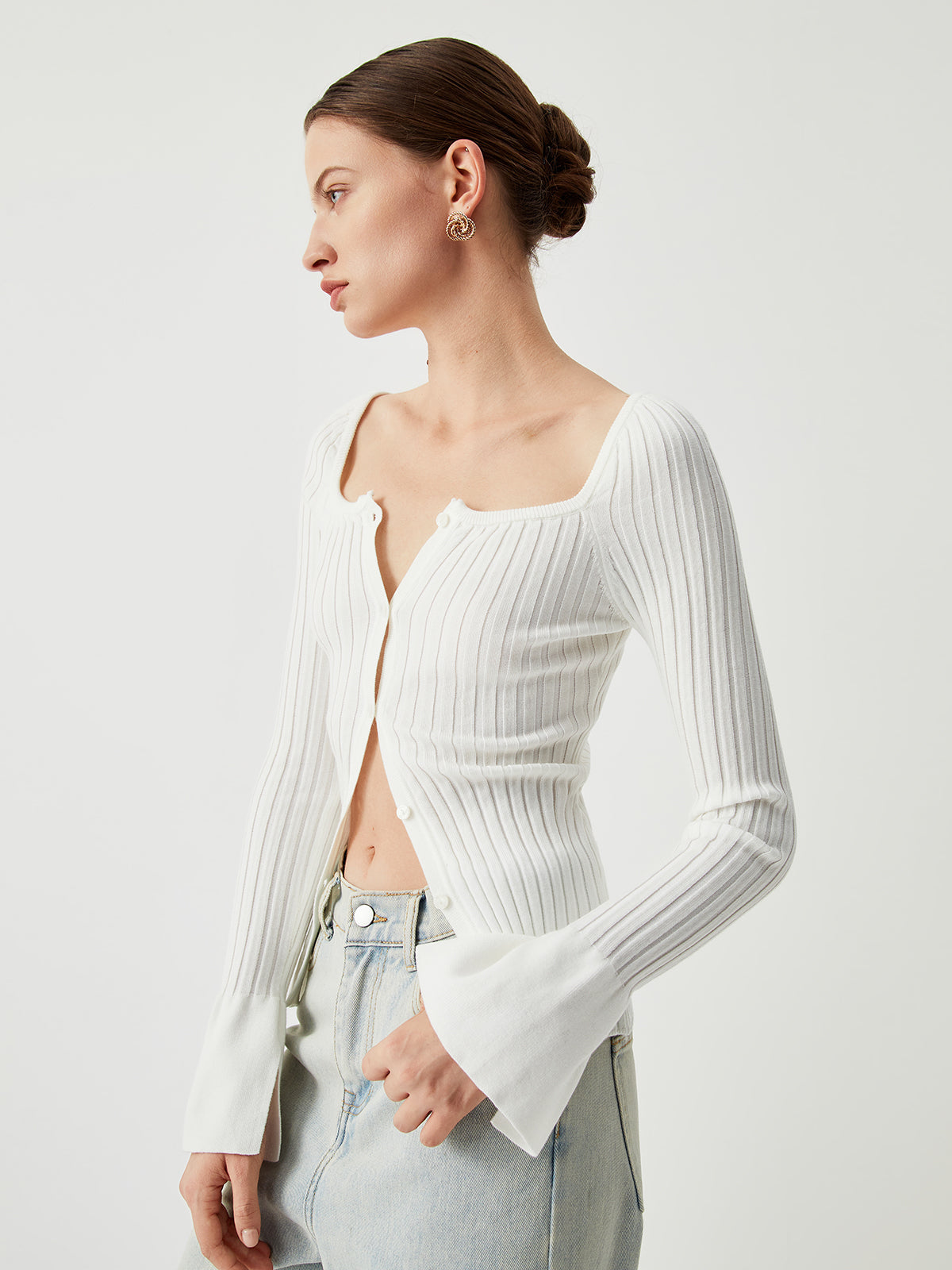 Square Neck Ribbed Knit Button-down Sweater