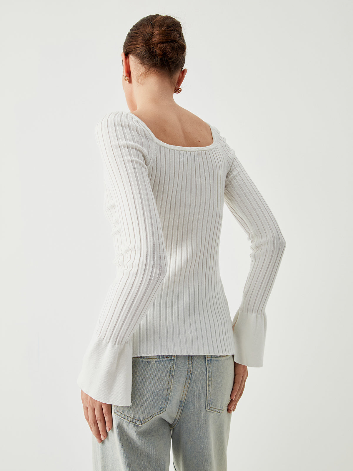 Square Neck Ribbed Knit Button-down Sweater