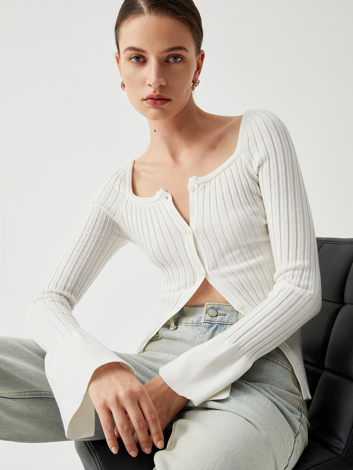 Square Neck Ribbed Knit Button-down Sweater