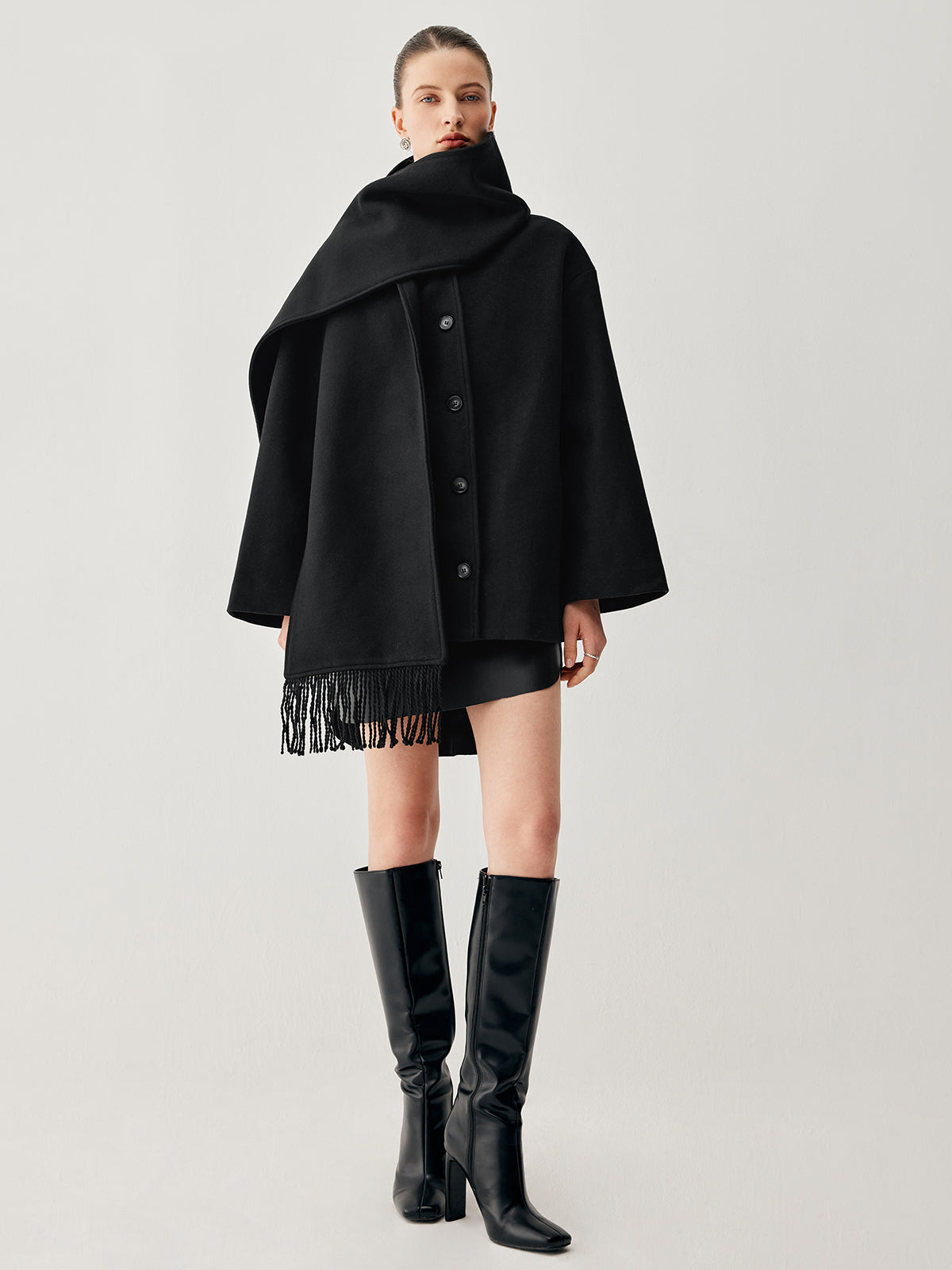 Oversized Button-down Wool Coat with Matching Fringed Scarf