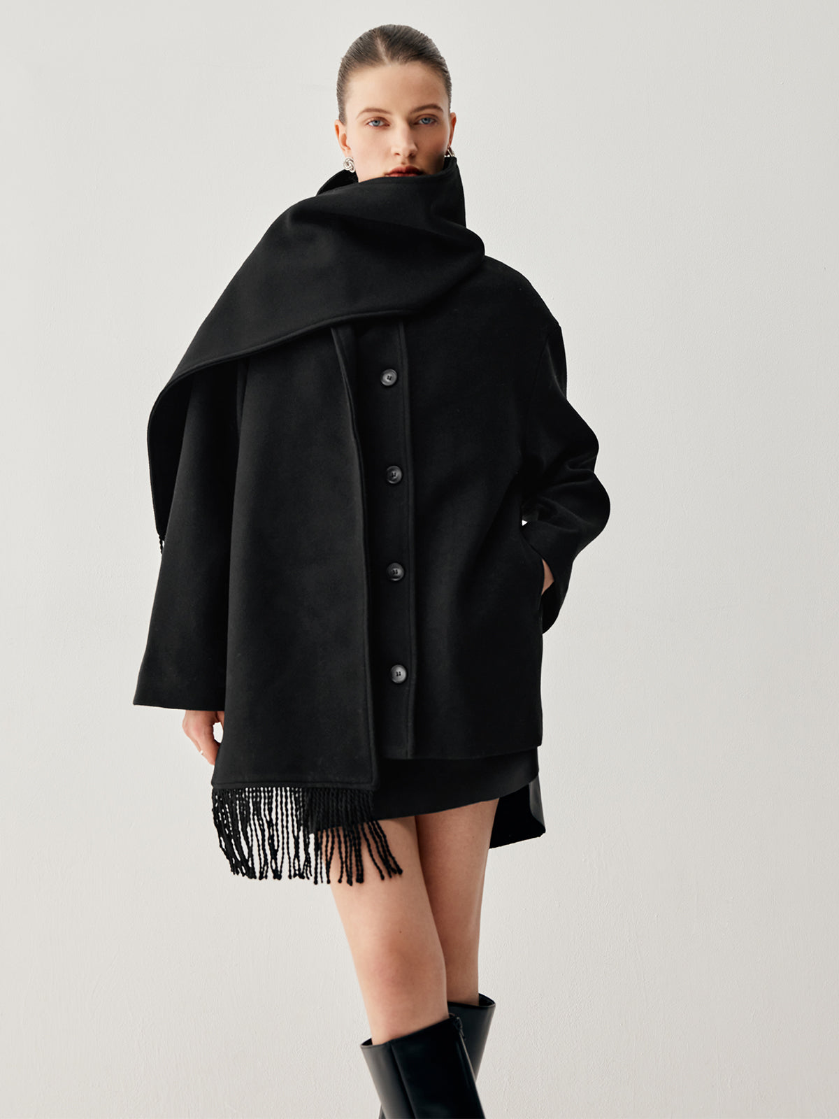 Oversized Button-down Wool Coat with Matching Fringed Scarf