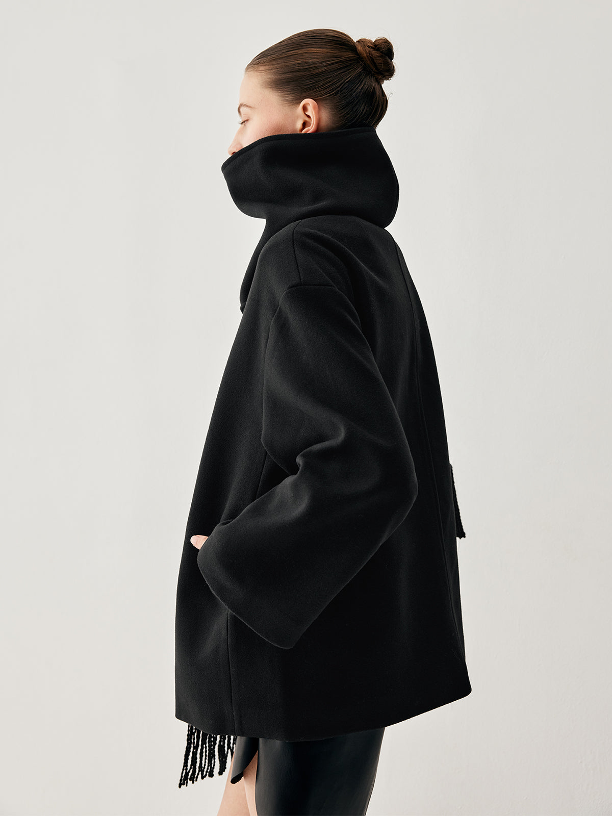 Oversized Button-down Wool Coat with Matching Fringed Scarf