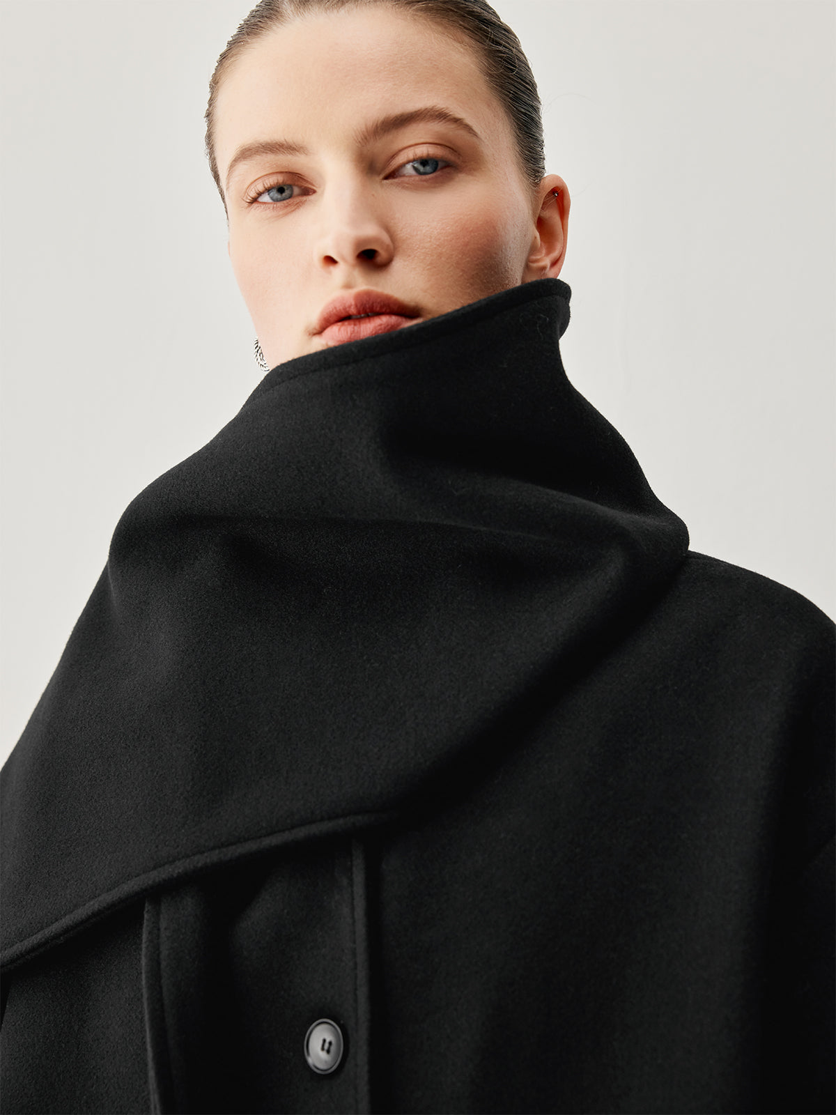 Oversized Button-down Wool Coat with Matching Fringed Scarf