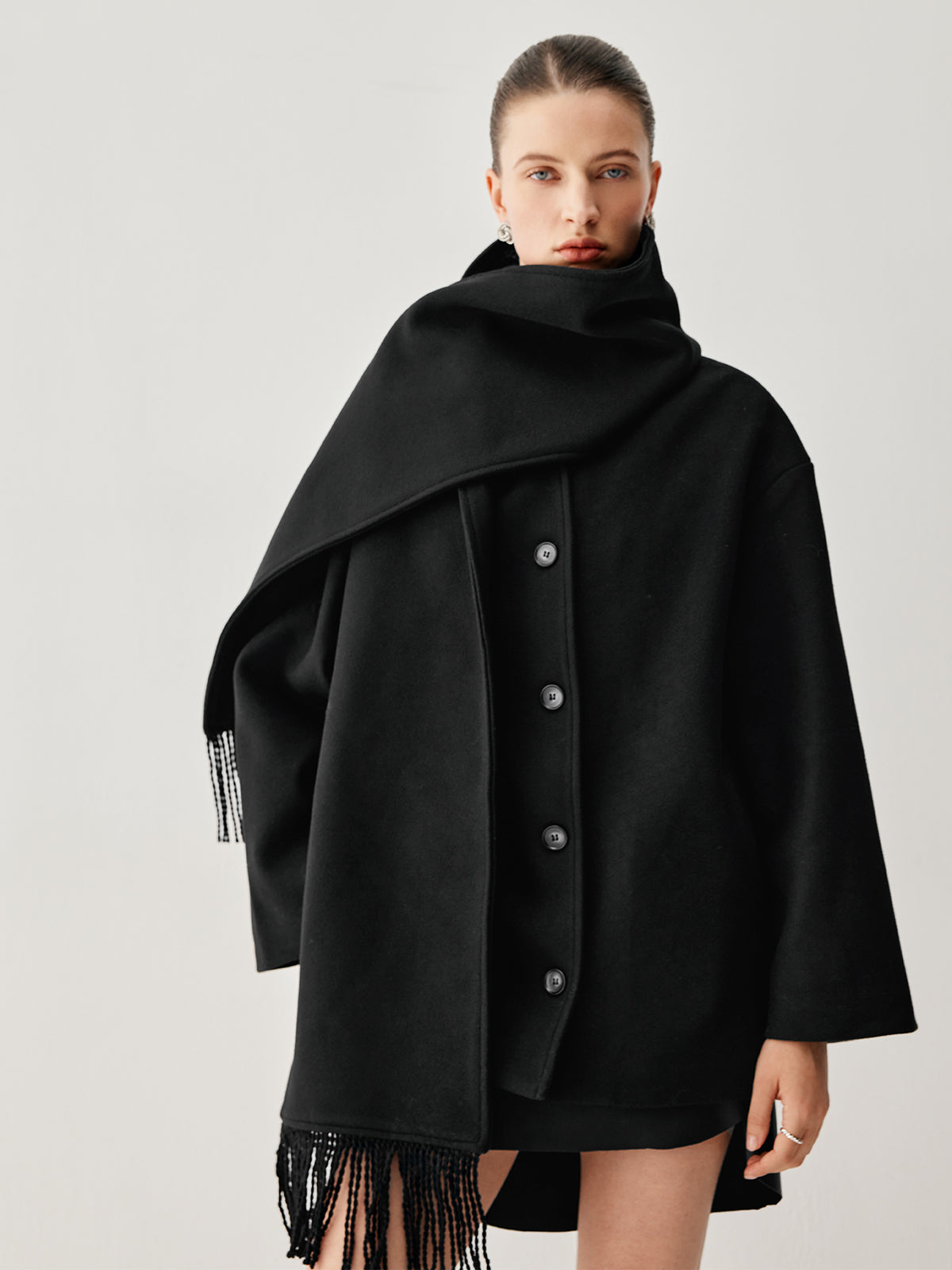 Oversized Button-down Wool Coat with Matching Fringed Scarf