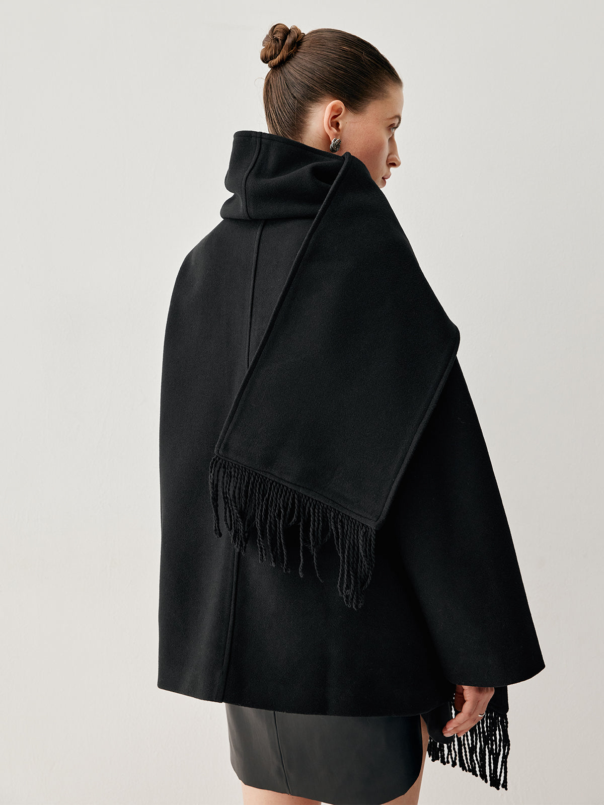 Oversized Button-down Wool Coat with Matching Fringed Scarf