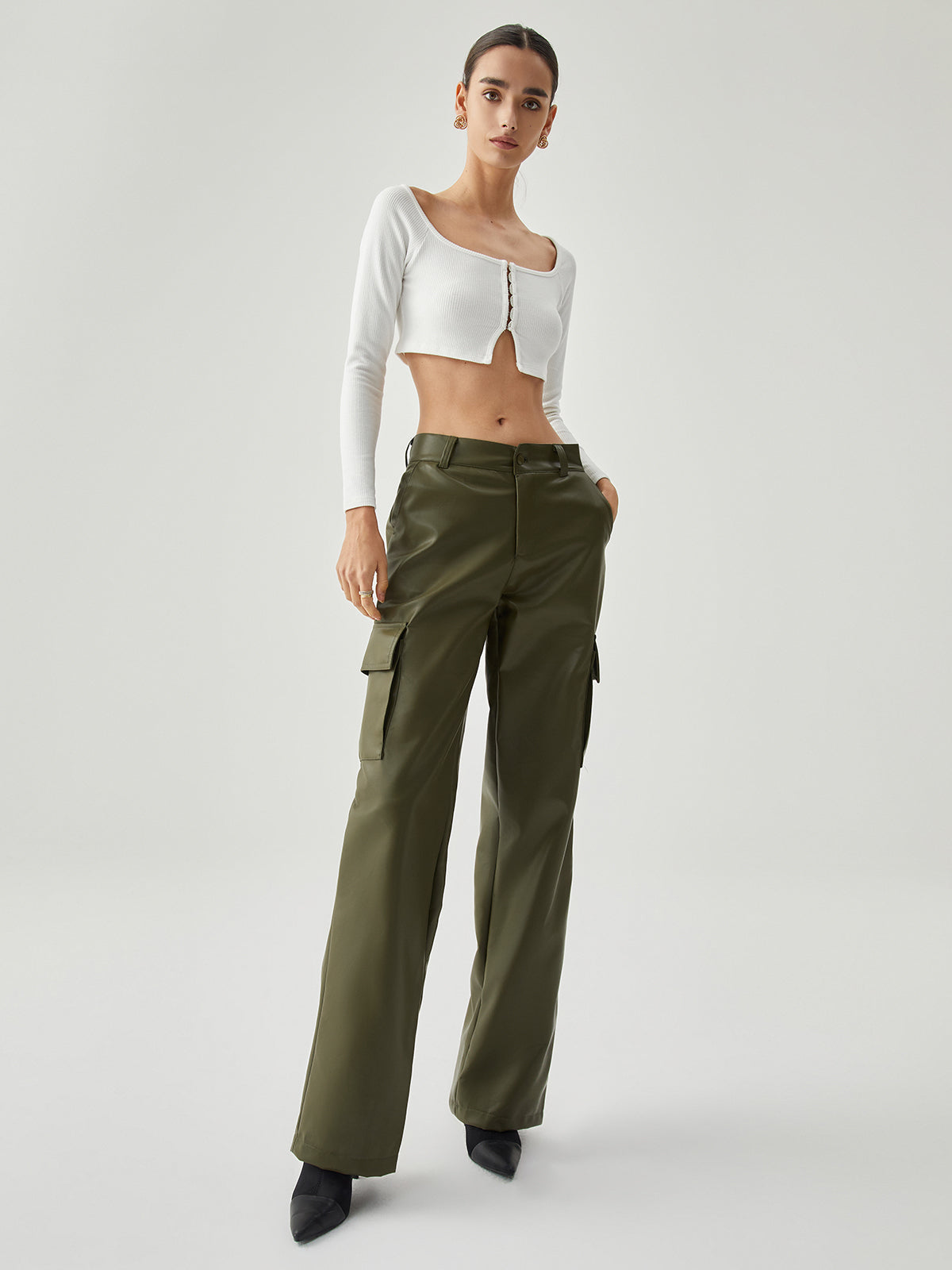 Multiple Pockets Leather Straight Leg Pants