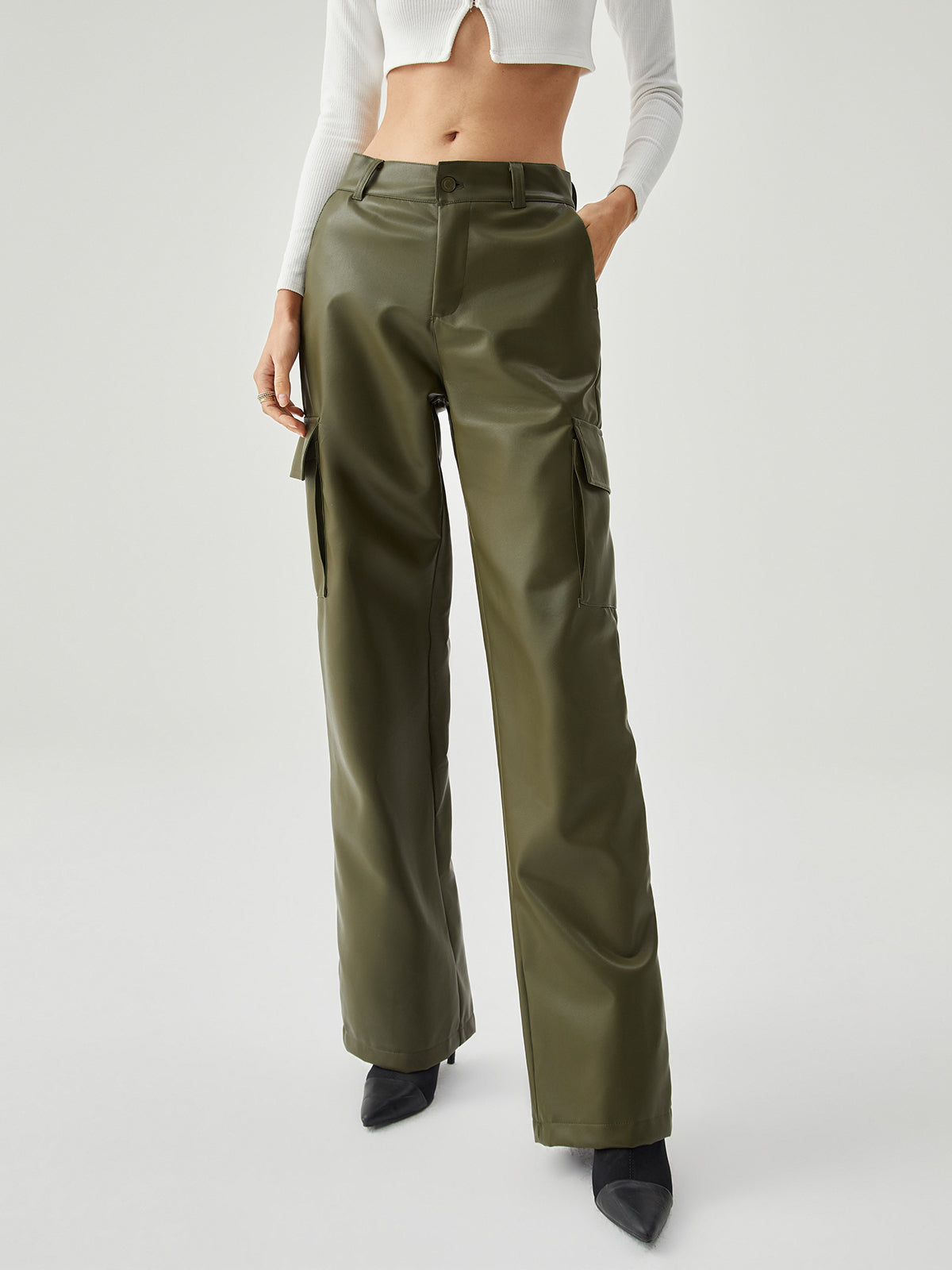 Multiple Pockets Leather Straight Leg Pants