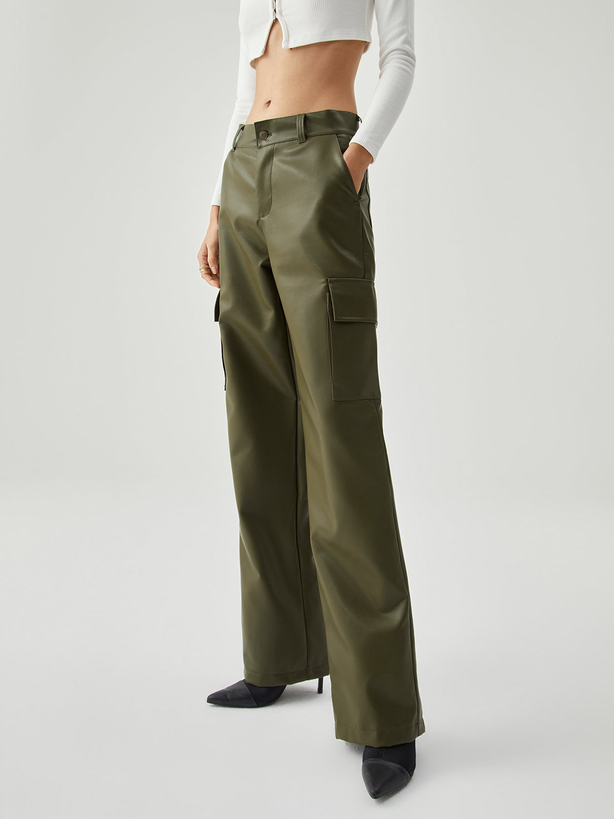 Multiple Pockets Leather Straight Leg Pants