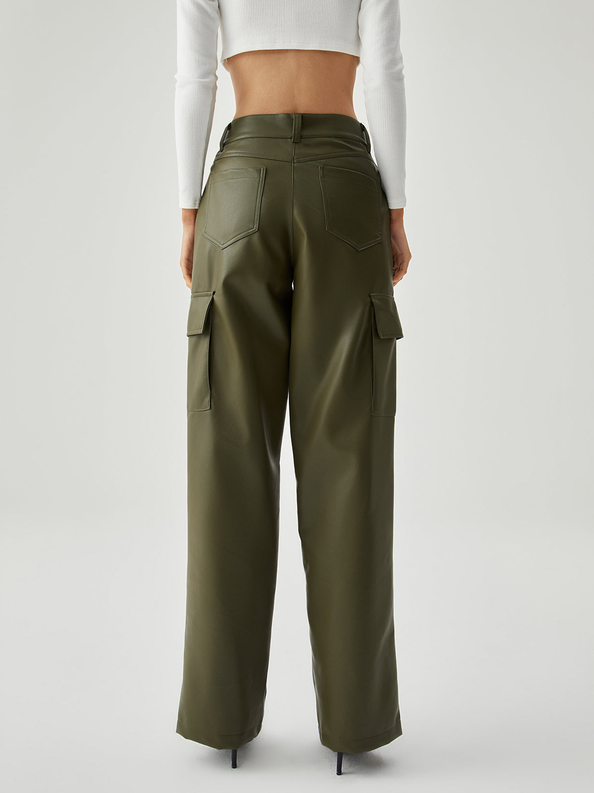 Multiple Pockets Leather Straight Leg Pants
