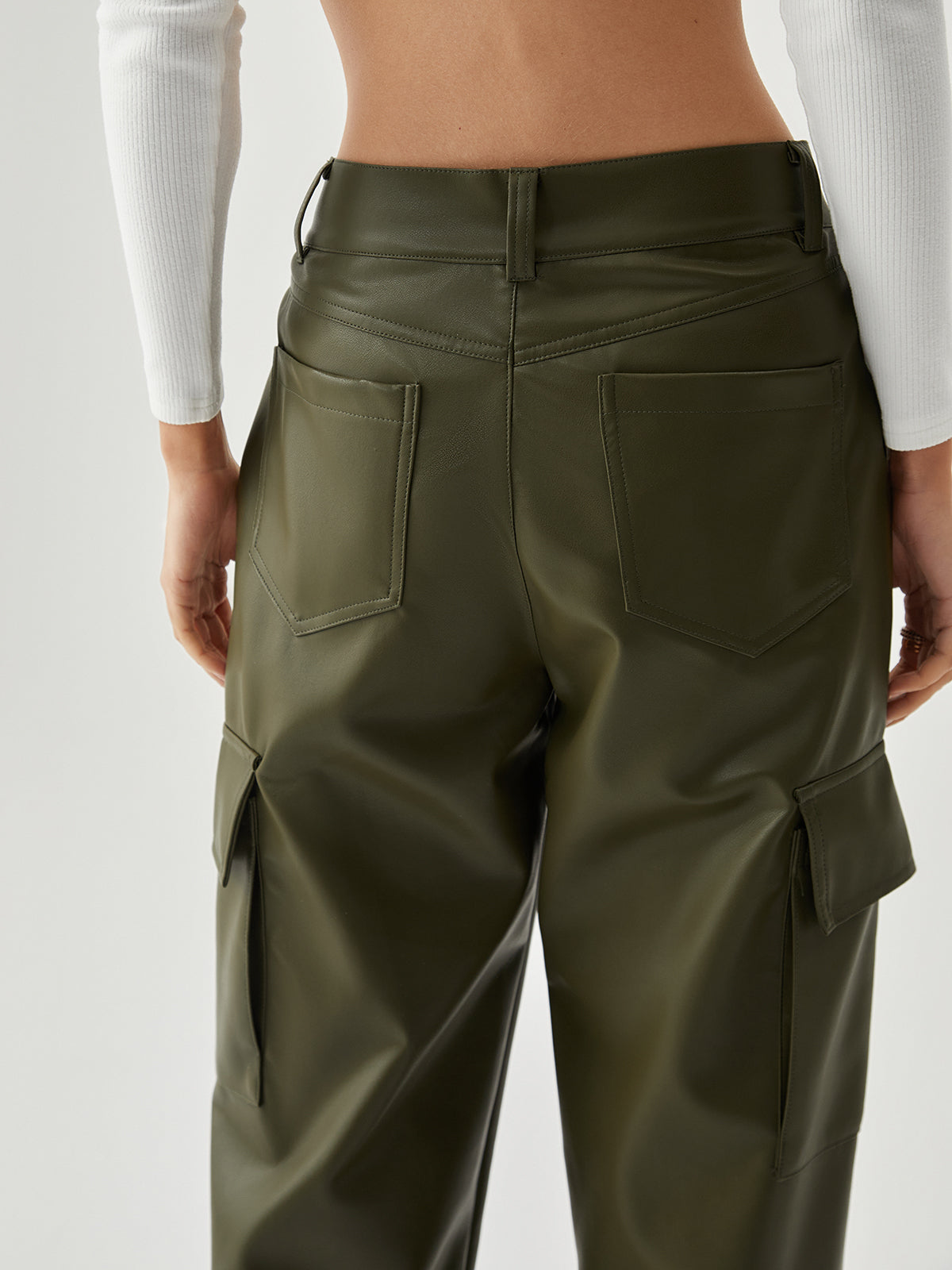Multiple Pockets Leather Straight Leg Pants