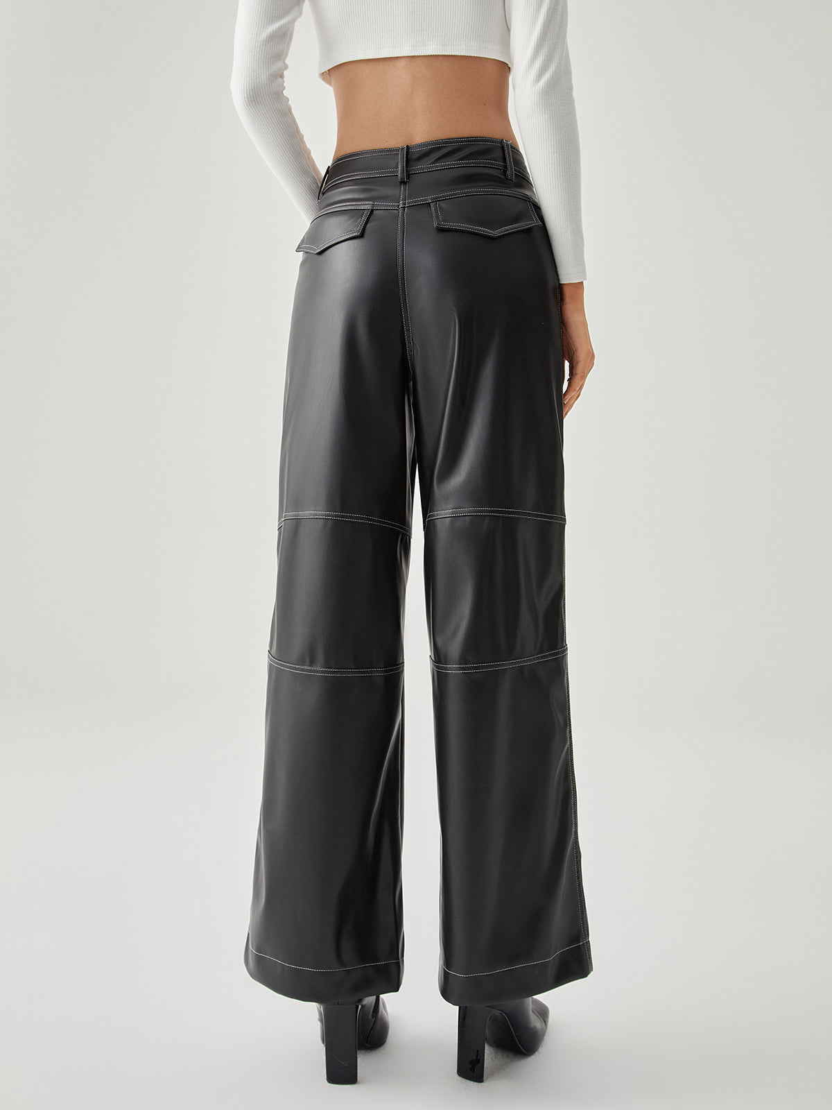 Contrast Stitch Leather Wide Leg Pants